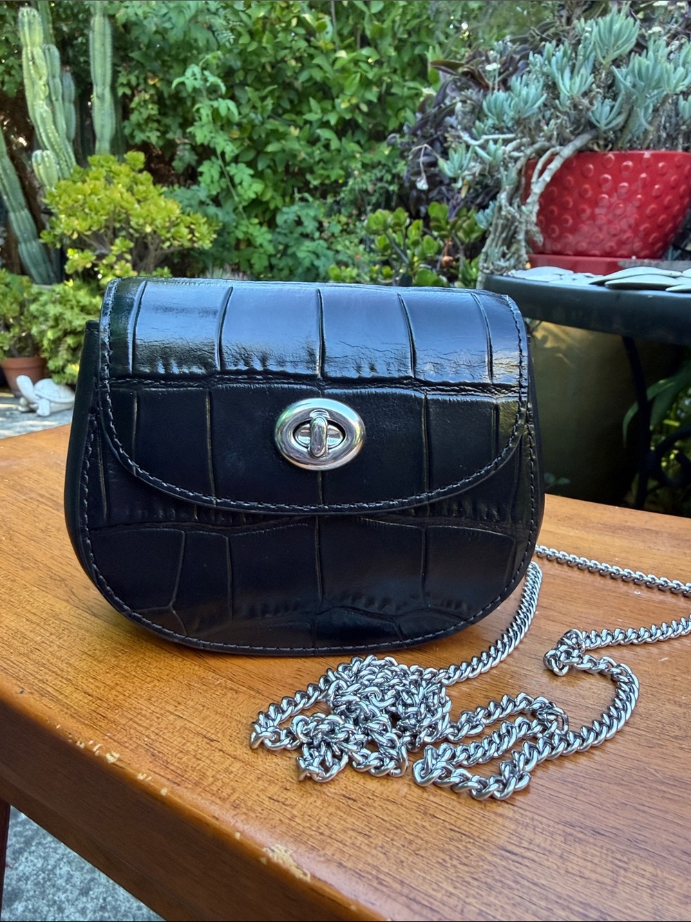 Coach Black Croc-Embossed Crossbody with Silver Chain Strap